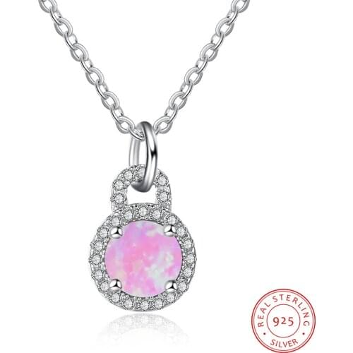 925 Sterling Silver Lock Necklace Romantic Round Pink Opal Stone Necklace for Women Cubic Zirconia Fine Jewelry Anniversary Gift