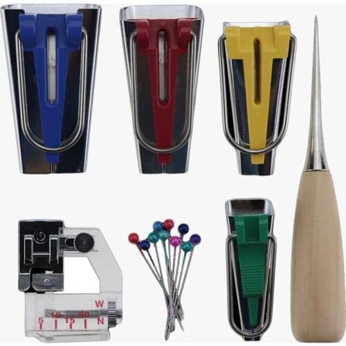 Complete bias tape maker kit Includes 1pc adjustable bias binder foot 4pcs tape maker 10pcs ball pin 1pc awl for Quilting Sewing