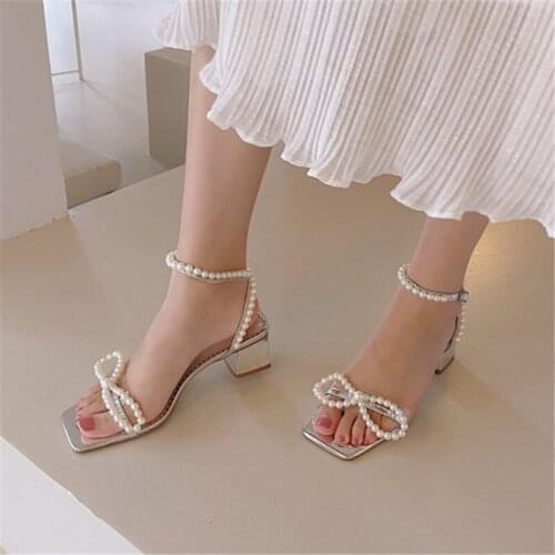 PXELENA Designer 2020 Summer Brand New Women Pearls Sandals Bowknot Block Chunky High Heel Lady Dress Evening Party Shoes Silver