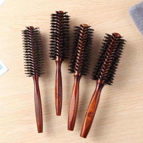 Portable Wooden Handle Curling Hair Comb Professional Boar Bristle Round Hairbrush Salon Barber Hairdressing Tools