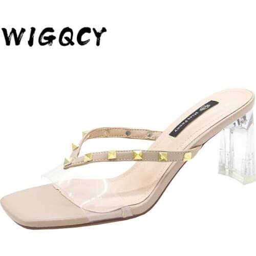 Rivet High Heels Luxury Designer Women Shoes Ladies Pumps Sexy Spring Summer New Fashion Slippers Transparent Square Heel Shoes