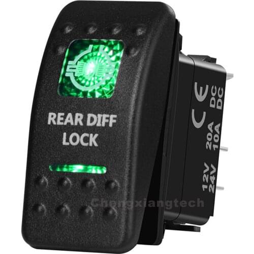 Rear Diff Lock 5 Pin On Off Green Led Backlit Printed Rocker Switch for Car Boat Truck 12v 24v SPST Waterproof