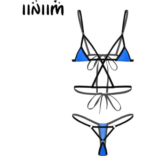 Women Strappy Lace-Up O-Ring Connected Bikini Swimsuit Lingerie Set Adjustable Spaghetti Strap Bra Tops with G-String Briefs