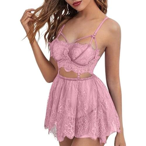Women Sexy Wireless Spaghetti Bra Camisole Mini Skirt Lace Nightdress Sleepwear