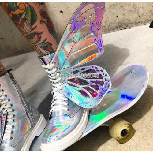 2019 New Spring Ladies Flats Laser Magic Silver Short Boots Big Butterfly Wings Fashion Side Zipper Booties Botine Mujer