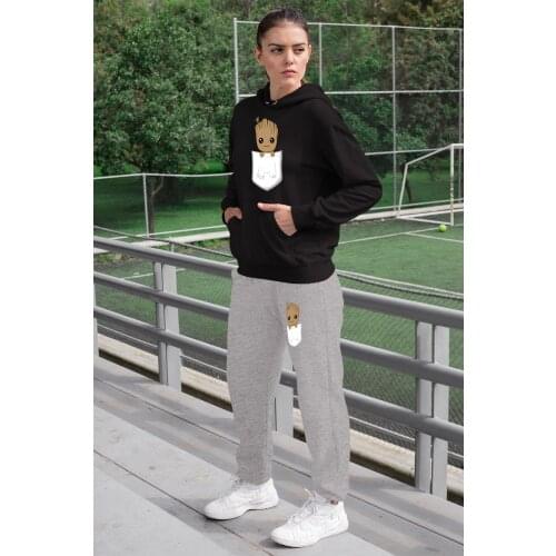 Angemiel Wear Groot Women Tracksuit Set Black Hooded Sweatshirt White Sweatpants