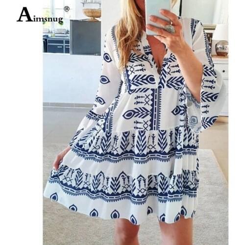 Women Elegant Short Dress Flare Sleeve Boho Print Beach Dress Loose 2020 Plus size Ladies Bohemian Mini Dresses Vintage Femme
