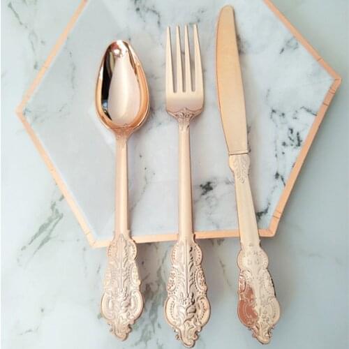 12 Sets/36pcs Rose Gold Plastic Party Cutlery Fancy Vintage Party Tableware Spoon Fork kknife for Birthday Wedding Anniversary