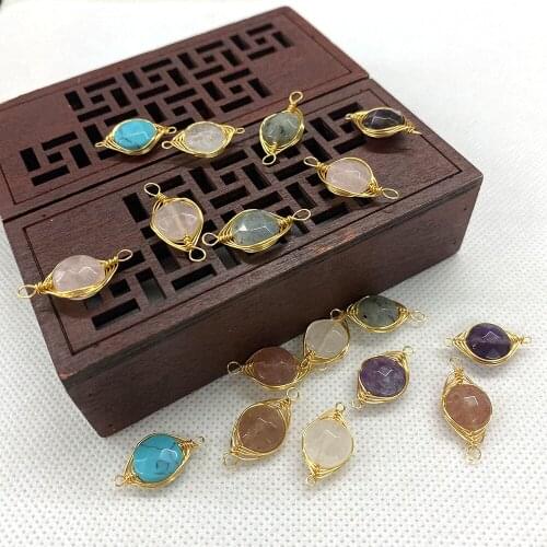 3pcsNatural Stone Pendant Turquoise Pink Crystal Round Faceted Necklace Pendant Metal Double Ring Connection Jewelry Accessories