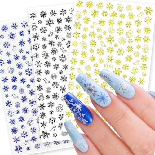 3D Christmas Nail Stickers White Gold Black Blue Sliver Snowflakes Sliders for Gel Polish Winter DIY Manicure Tips SAF281-284