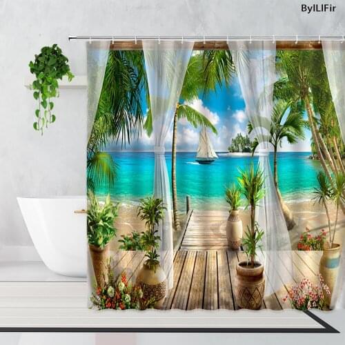 3D Beach Ocean Landscape Printing Shower Curtains Green Palm Tree Flowers Plant Sailing Scenery Home Decor Bathroom Bath Curtain
