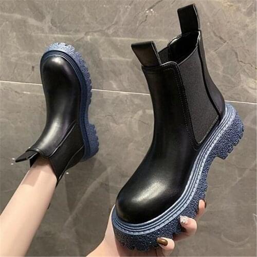 2021 Womens Ankle Boots Soft Leather Chelsea Boots Female Chunky Shoes Autumn Footwear Round Toe Ladies Fashion Platform Bootie