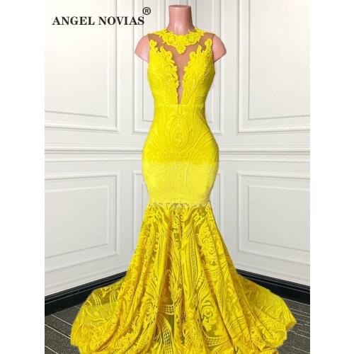 Womens Long Mermaid Yellow Sequins Prom Dresses 2021 Formal Party Cocktail Evening Graduation Gown Robe De Princesse
