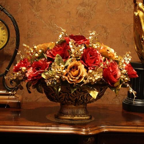 European Luxury Vase+Artificial Flower Set Ornament Desktop Resin Crafts Decoration Rose Potted Flower Arrangement Figurines Art