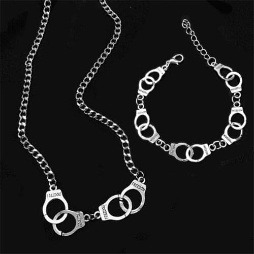 Unisex Unique Personality 'Freedom' Handcuff Shape Necklace And Bracelet Jewelry Set Fashion Jewelry Gifts NL0612