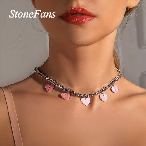 Stonefans Statement Pink Resin Heart Choker Necklace Jewelry for Women Hip Hop Rhinestone Tennis Chain Necklace Collar Jewellery
