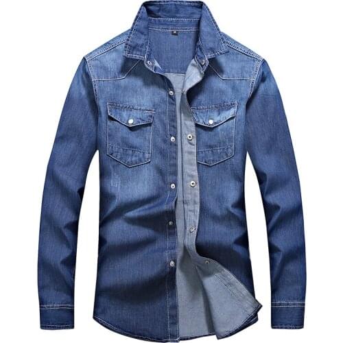 Mens long-sleeved solid denim shirt fashion brand Classic retro denim Pocket decoration Business shirt Spring and Autumn Tops