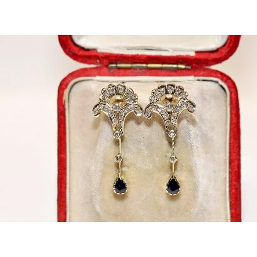 Old Original Vintage 14k Gold Natural Diamond And Drop Sapphire Decorated Pretty Earring