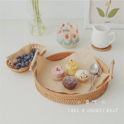 Rattan Basket Woven Bread Plate Hand-Dual Handle Snack Plate Bamboo round Storage Fruit Dish