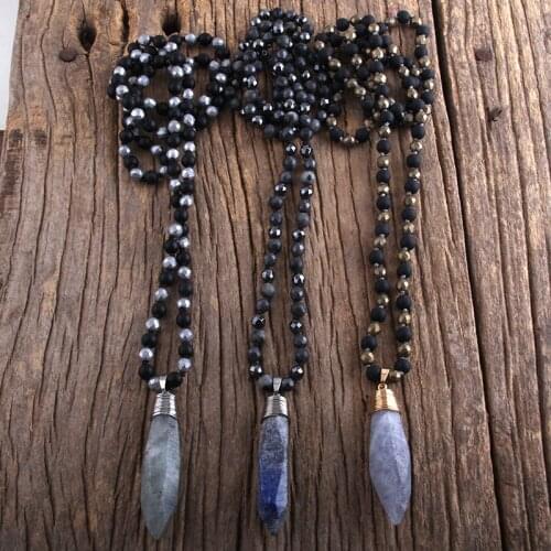 RH Fashion Boho Beaded Necklace 6mm Hematite Stone Beads Knotted Stone Drop Charm Necklaces For Women Gift