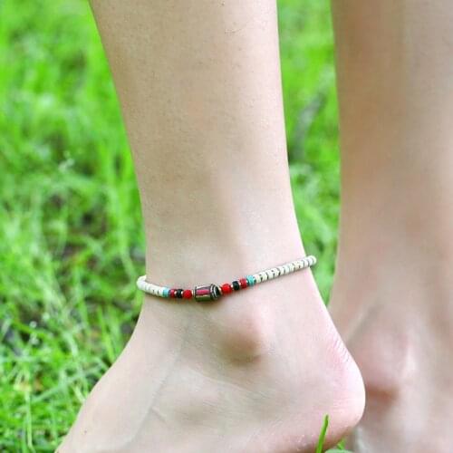 Handmade Tibetan Round Charm Leg Anklets For Women Bohemian Small Beaded Chain Ankle Bracelet Anklet Foot Jewelry