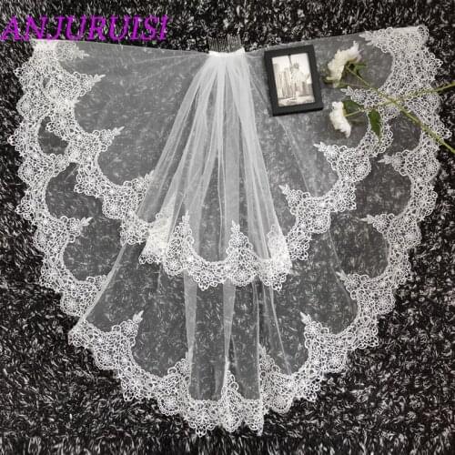 ANJURUISI Bridal Veil Short With Comb Lace Appliqued Edge Tulle Wedding Veil Two Layer Elbow Length Wedding Accessories 202