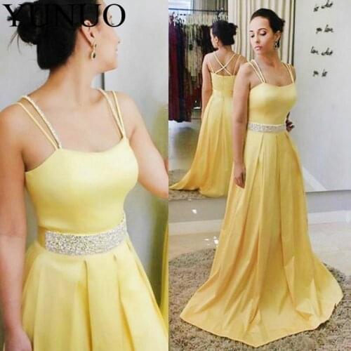 YuNuo Simple Spaghetti Straps Beaded Sash Prom Dresses Long Sweep Satin A Line Satin N77