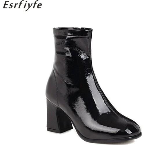 ESRFIYFE 2020 New Top Quality Pu Leather Shoes Women Ankle Boots Side Zip Square Heels Chelsea Boots Fashion Dress Shoes Woman