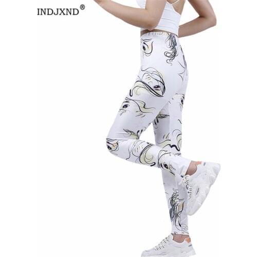 INDJXND High-Waist Leggings Women Stretch Fitness White Face Eyes Print Pattern Breathable Quick-Drying Running Ankle-Length