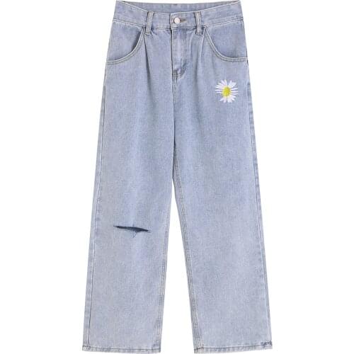 Woman Fashion Jeans Casual Long Pants Denim Chic Daisy Flower Embroidery Blue Straight Leg Trousers Loose Fit Ladies Bottoms New