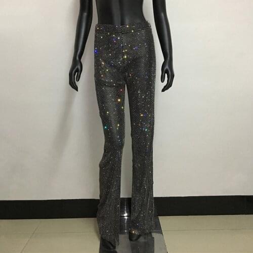 Women Sexy See Through Rhinestone Long Pants Trendy Celebrity Hollow Out Mesh Glitter Crystal Diamond Trousers Party Club Wear