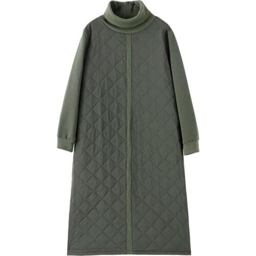 Autumn Winter Long-sleeved Padded Quilted Womens Dress Long Skirt High Collar