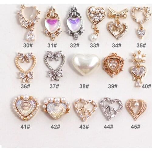 10pcs/lot 3D Love Heart Alloy Nail Art Zircon Pearl Crystal Metal Manicure Nails Accessories Supplies Decorations Charms 30