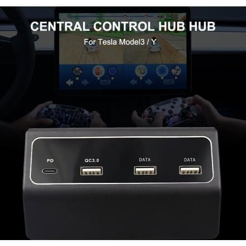 Car Charger 4 In 1 USB Hub for Tesla Model3 Model Y Center Console USB Dongle Splitter with PD QC3.0 Dual USB Ports