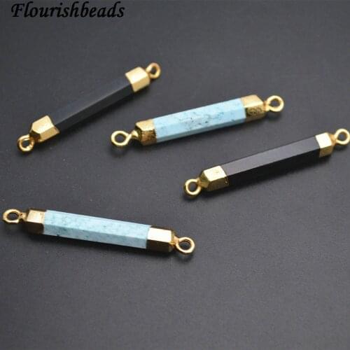 Two Loops Thin Stone Stick Tube Jewerly Connectors Beads fit Necklace making Blue Howlite / Black Obsidian