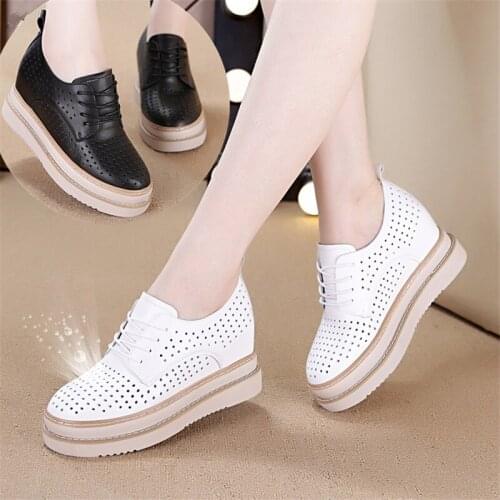 Genuine Leather High Platform Sneakers Hollow Breathable Women Shoes Slip on Women Shoes Casual Height Increasing Wedge Shoes