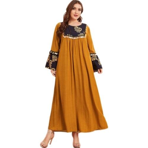 Ethnic Muslim Women Long Dress Kaftan Elegant Sequins Tassel Maxi Robe Casual Loose Dubai Middle East Spring Summer Islamic Gown