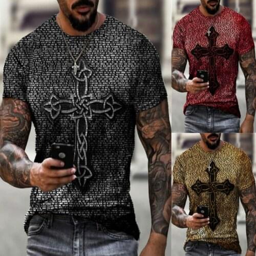 European and American mens foreign trade summer loose casual fashion round neck short sleeve retro cross print T-shirt