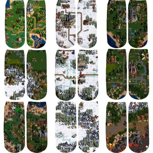 PLstar Cosmos 3D Printed Game map Heroes of Might&Magic cute cotton short ankle socks men for women ladies harajuku Novel socks