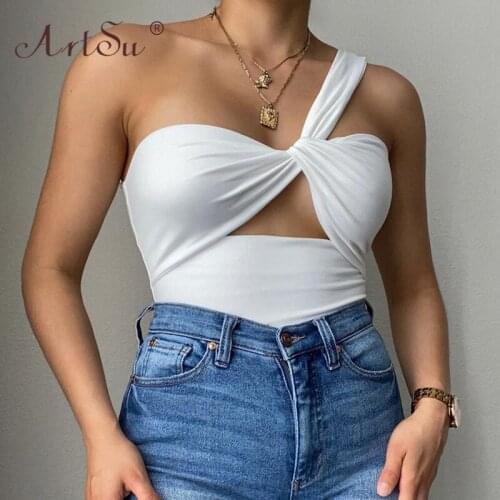ArtSu Solid Sexy Skew Collar Sleeveless Crop Top Summer One Shoulder Hollow Out Skinny White Tank Tops Women Streetwear