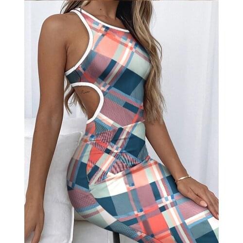 Printed Pattern Backless Sexy Fashion Summer Womens Dress Sleeveless Round Neck Inclined Shoulder Slim Long Dress