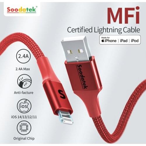 Soodatek MFi USB Cable for iPhone 12 Min 12 Pro Max XR 11 2.4A Fast Charging Lightning Cable USB Data Cable Phone Charger Cable