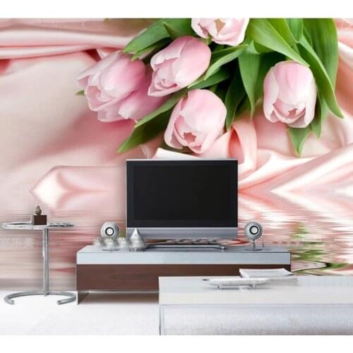 Custom Pink Cloth Tulip Flower Mural 3d Self Adhesive Wallpaper for Living Room 3d Flower background Mural Home Decor Waterproof
