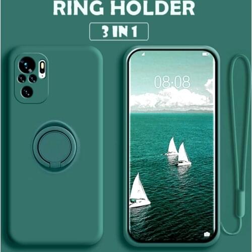 Original Liquid Silicone Case For Xiaomi Redmi Note 10 Pro 10s Max Mi 11 11i lite Ring Holder Strap Cover Poco M3 X3 Pro 5G Case