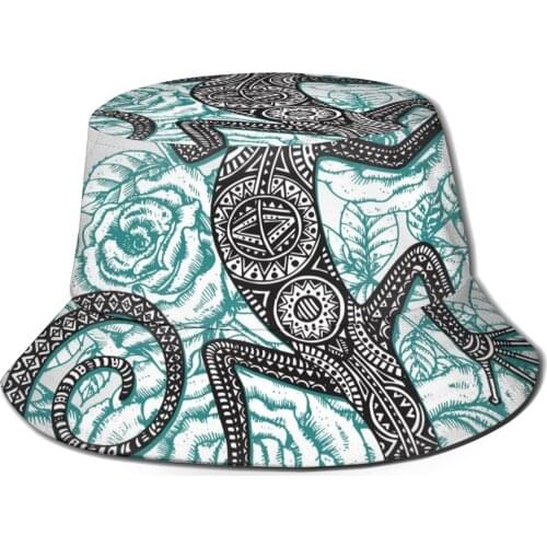 Women Summer Ethnic Tribal Lizard With Mint Roses Flowers Bucket Hat Bob Fisherman hat Outdoor Travel Sun Visor Fashion Panama