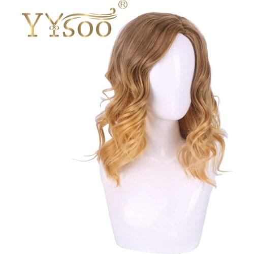 YYsoo 14'' Womens Cosplay Wig Short Bob Wavy Blonde Wig Ombre Brown Curly Synthetic Wig Dark Roots Halloween Wig for Girls