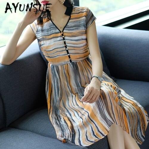 Dress Women Real Silk Dress Korean Fashion Print Midi Summer Dress Elegant Vintage Party Dress Woman Vestidos Mujer 72300 YY2731