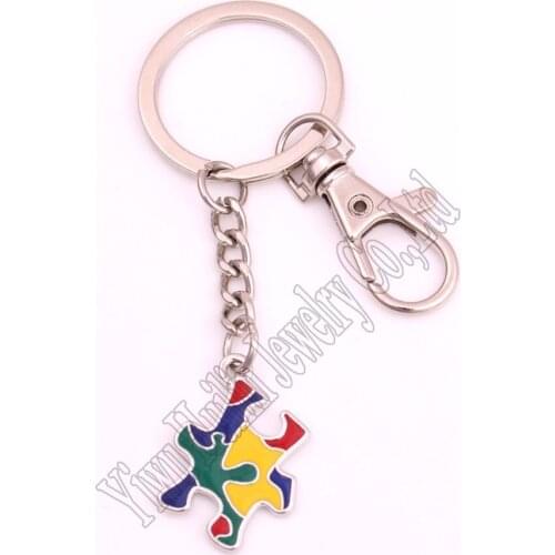 Autism Hope Drop shipping Autism Awareness Pendants enamel single-sided Puzzle Piece Jigsaw Charm Lobster clasp Key Chain