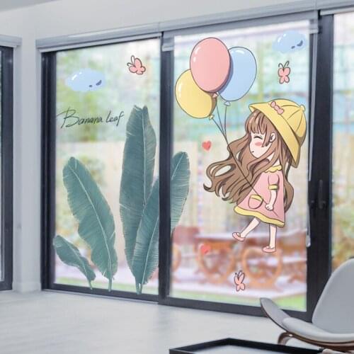[SHIJUEHEZI] Cartoon Girl Balloons Wall Stickers DIY Plantain Leaves Mural Decals for Kids Bedroom Living Room Home Decoration