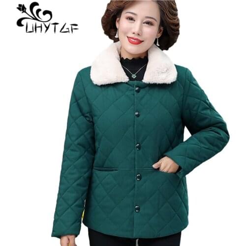 UHYTGF Elegant Mother Short Cotton Coat Fashion Single-Breasted Plus Velvet Thick Warm ParkaJacket Loose Large Size Outwear 1417